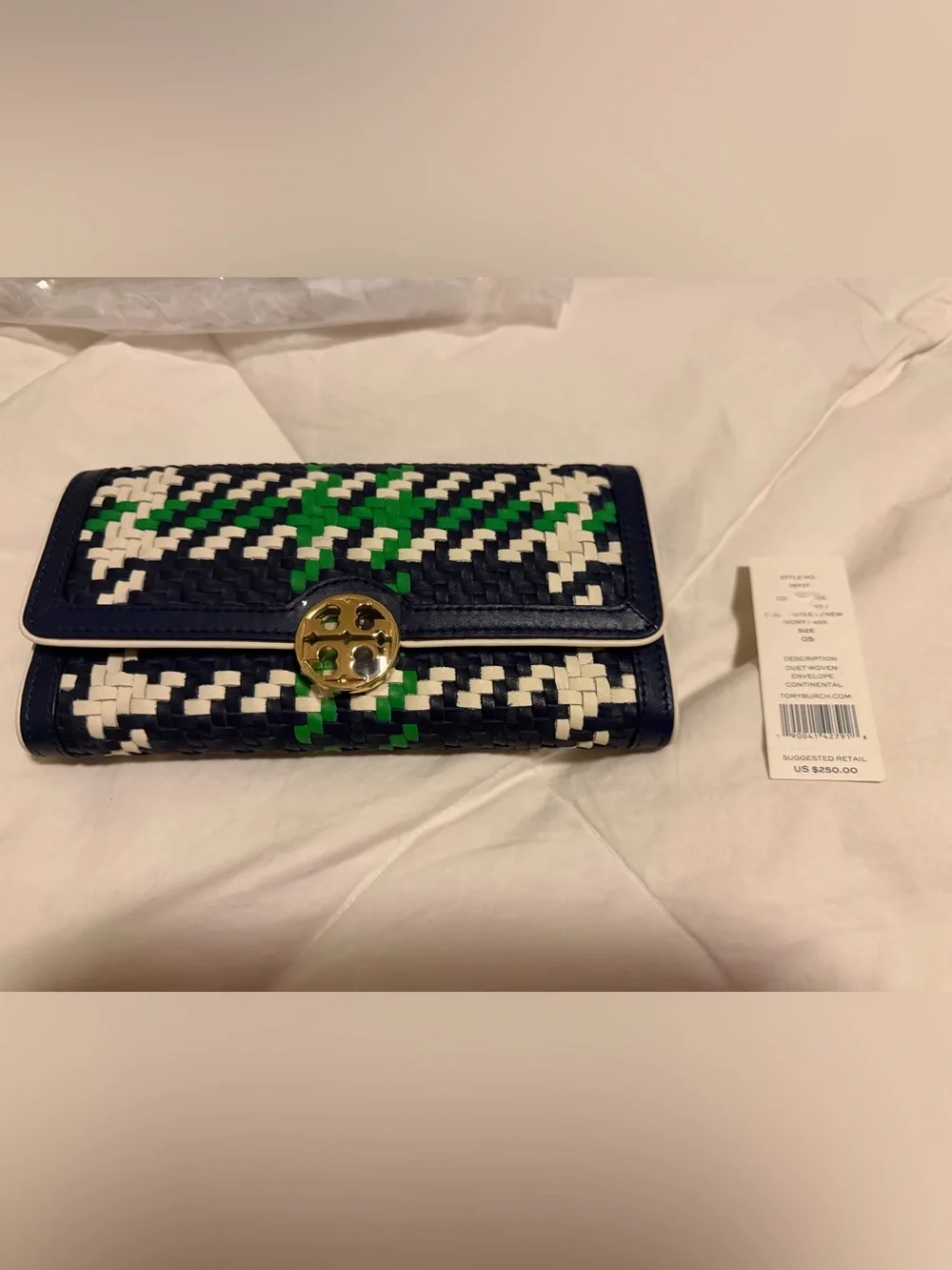 NWT Tory Burch Tote and Wallet Set duet woven in Navy, White & Green Plaid